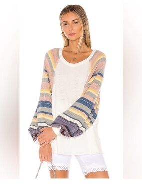 Free People Cream White Thermal Top w Multicolor Striped Knit puffy Slv Size XS